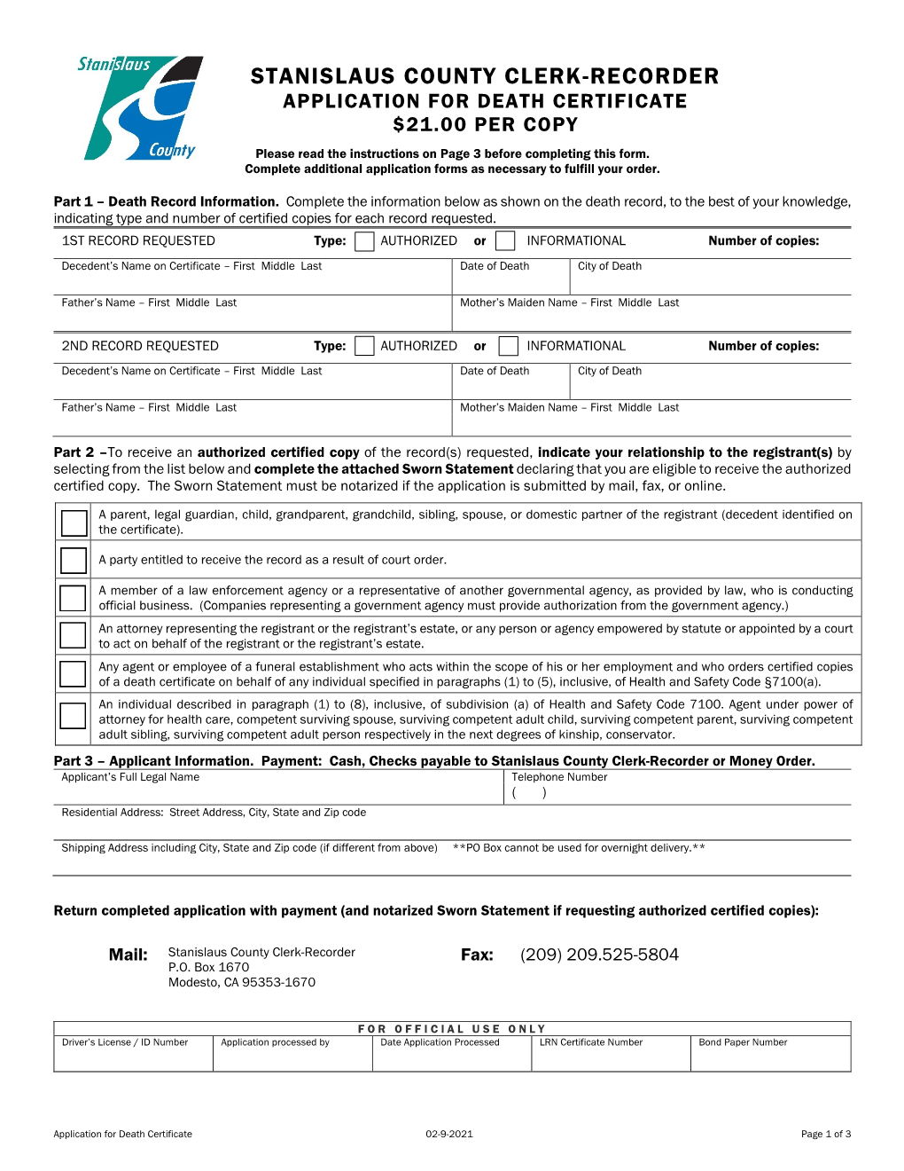 APPLICATION for DEATH CERTIFICATE $21.00 PER COPY Please Read the Instructions on Page 3 Before Completing This Form