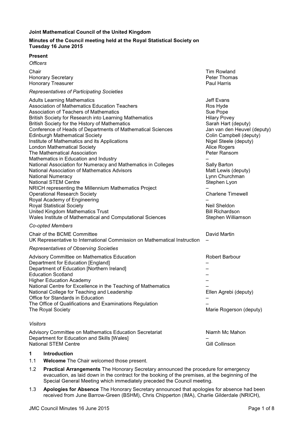 JMC Council Minutes 16 June 2015 Page 1 of 8 Joint Mathematical