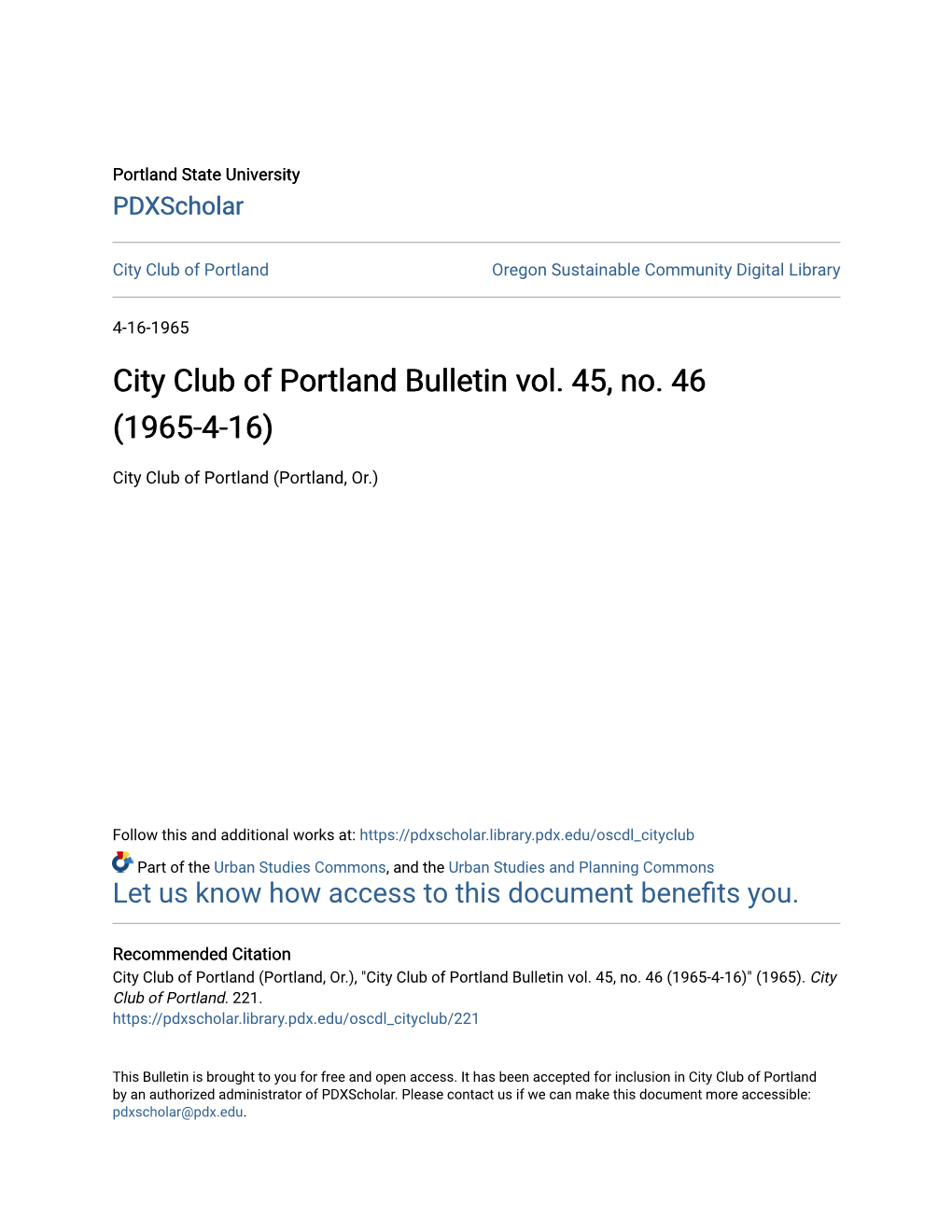 City Club of Portland Bulletin Vol. 45, No. 46 (1965-4-16)