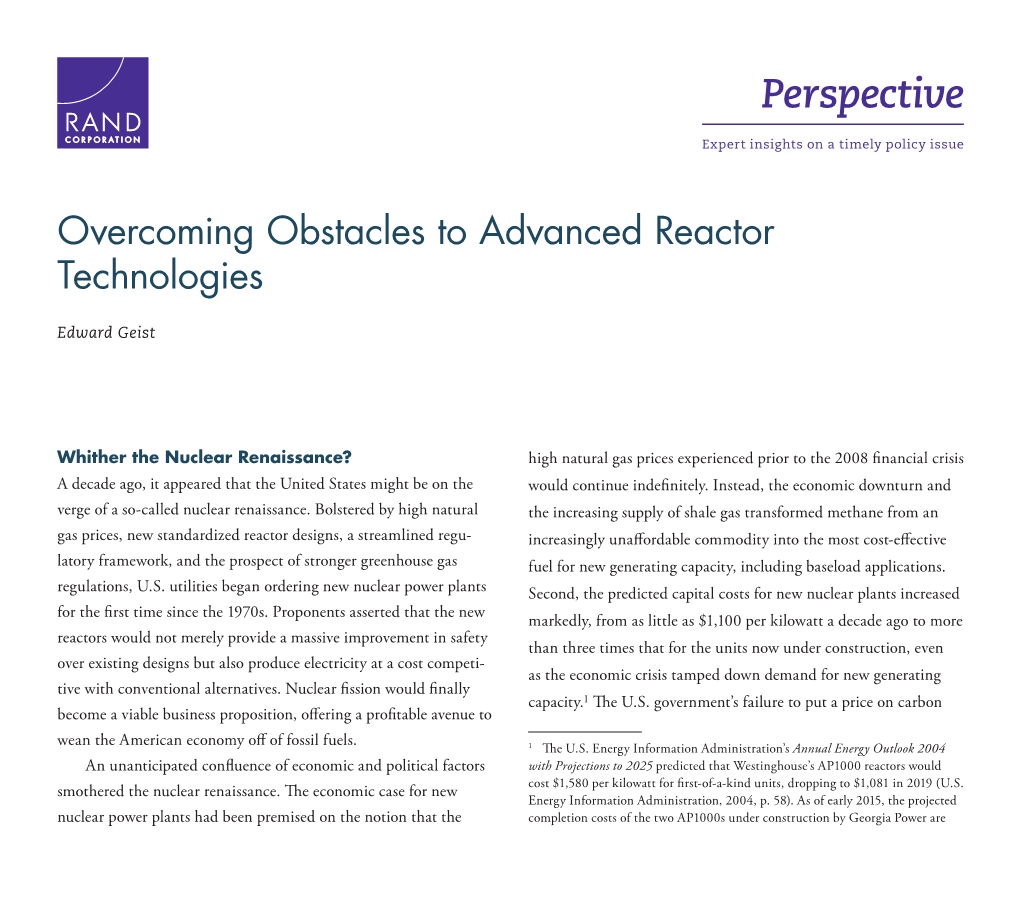 Overcoming Obstacles to Advanced Reactor Technologies