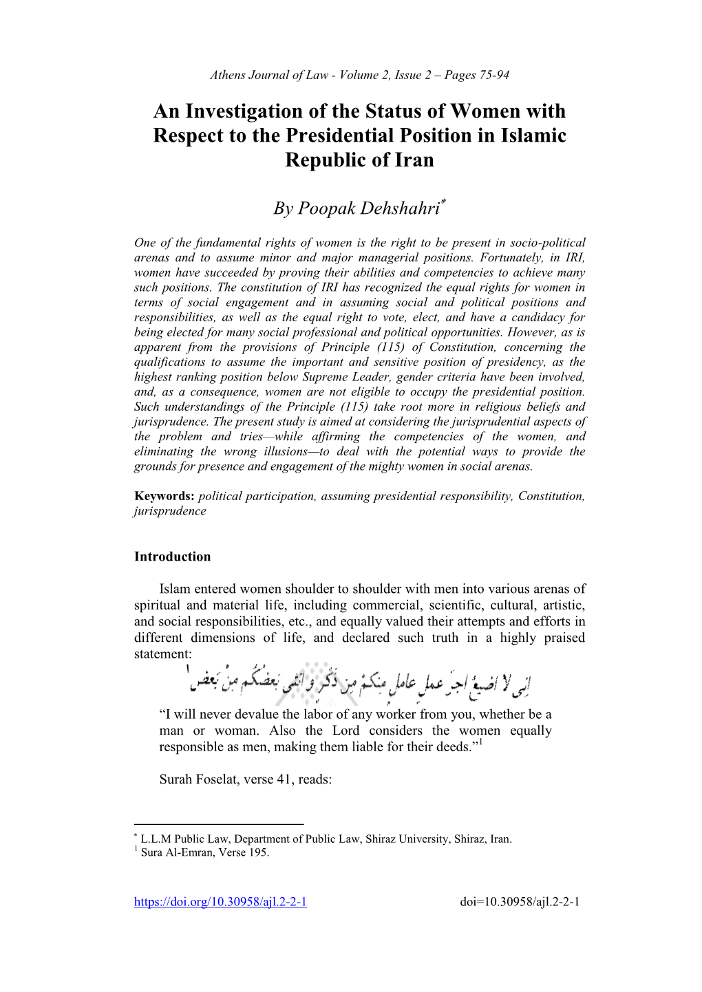 An Investigation of the Status of Women with Respect to the Presidential Position in Islamic Republic of Iran