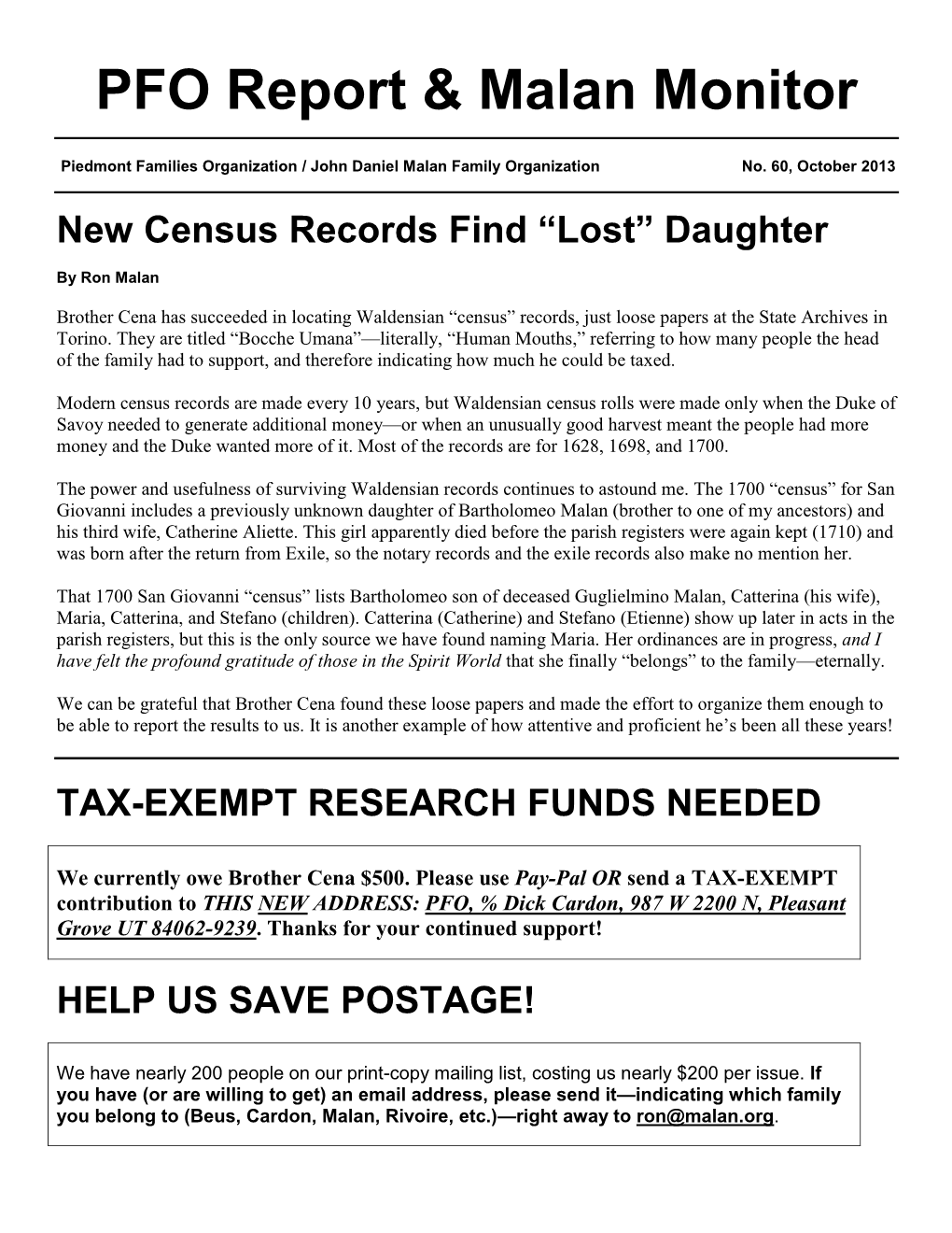 PFO Report & Malan Monitor