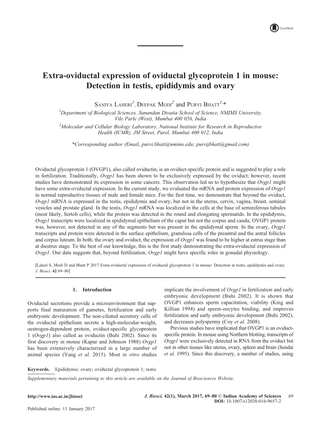 Extra-Oviductal Expression of Oviductal Glycoprotein 1 in Mouse: Detection in Testis, Epididymis and Ovary