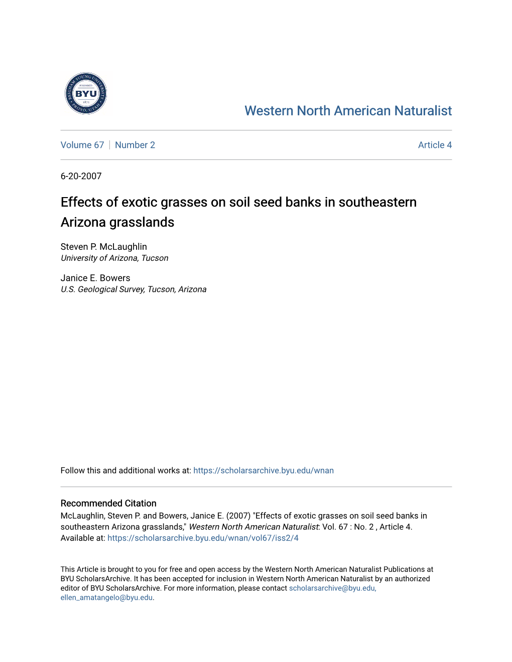 Effects of Exotic Grasses on Soil Seed Banks in Southeastern Arizona Grasslands