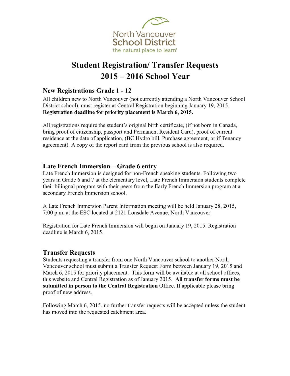 Student Registration/ Transfer Requests 2015 – 2016 School Year