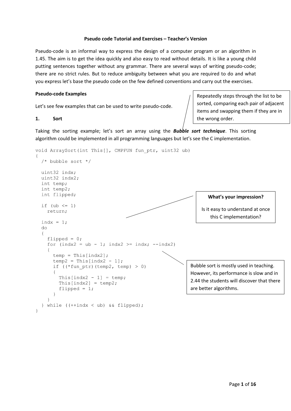 Page 1 of 16 Pseudo Code Tutorial and Exercises – Teacher's Version