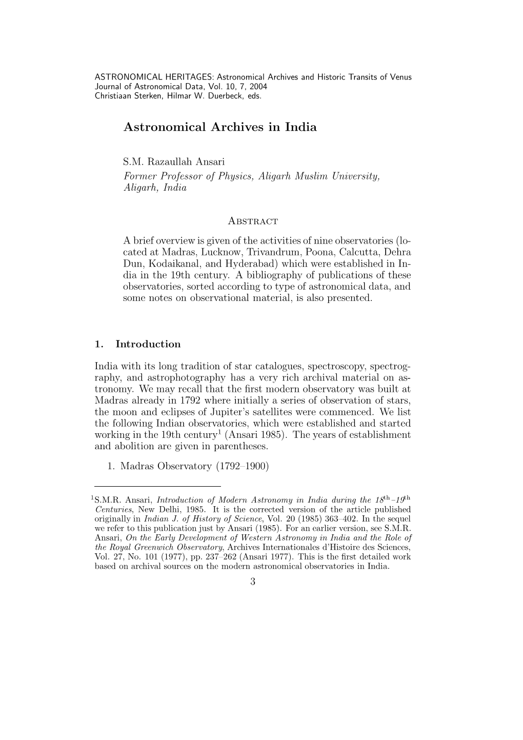 Astronomical Archives in India