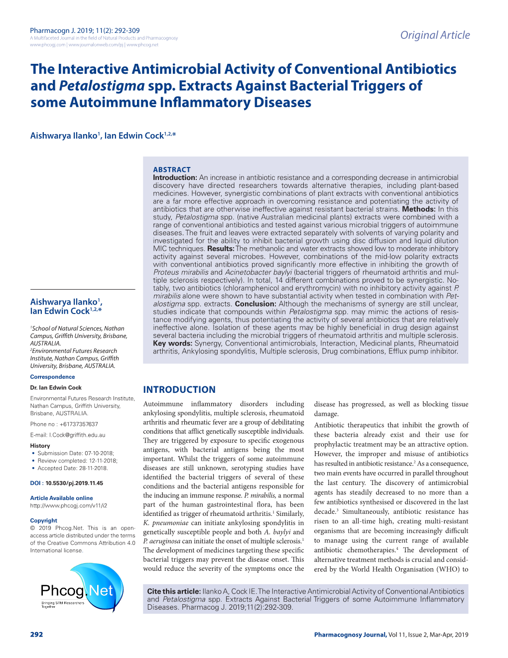 The Interactive Antimicrobial Activity of Conventional Antibiotics and Petalostigma Spp