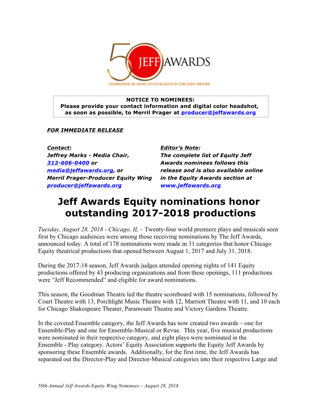 Jeff Awards Equity Nominations Honor Outstanding 2017-2018 Productions