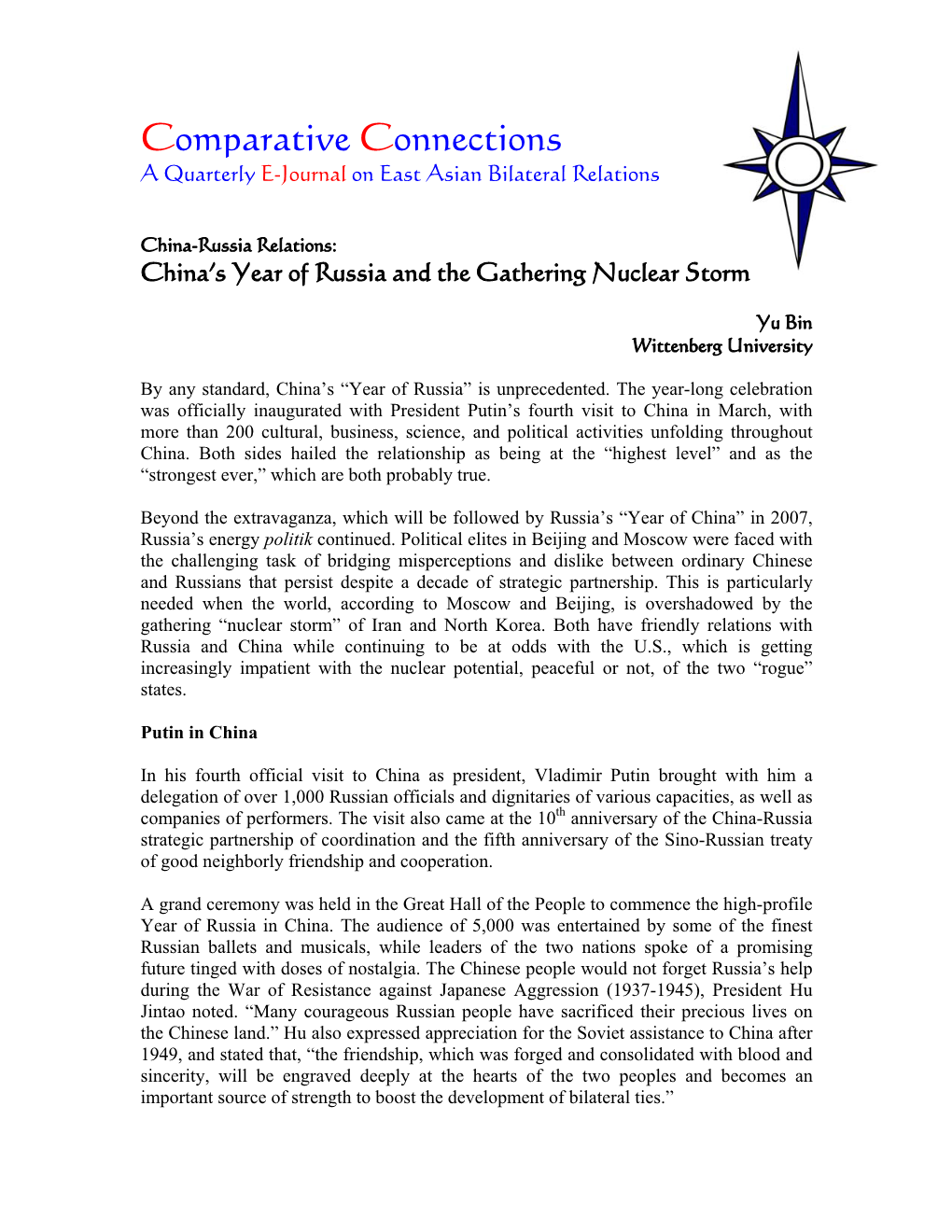 Comparative Connections a Quarterly E-Journal on East Asian Bilateral Relations