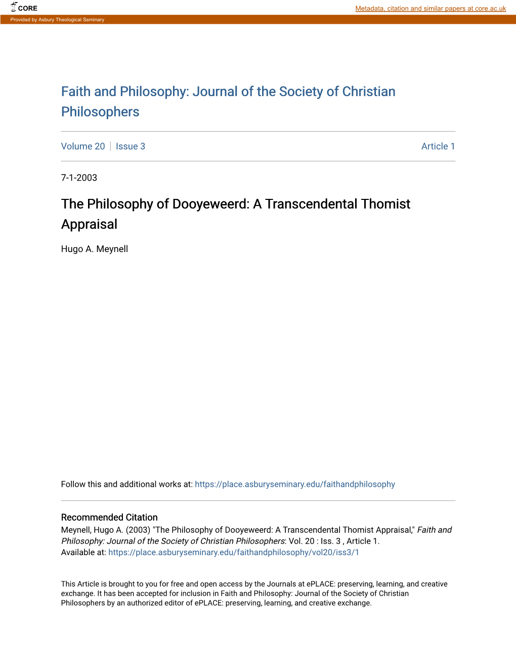 The Philosophy of Dooyeweerd: a Transcendental Thomist Appraisal