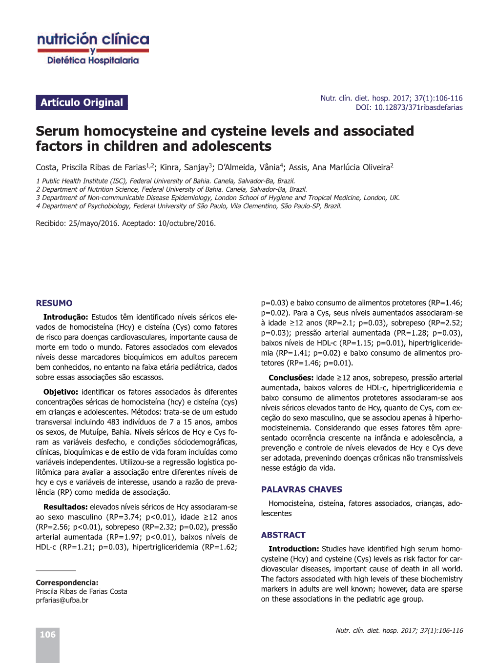 Serum Homocysteine and Cysteine Levels and Associated Factors in Children and Adolescents