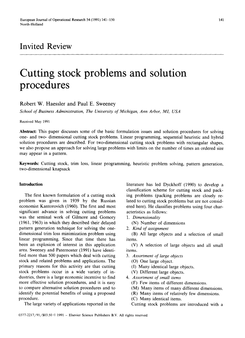 Cutting Stock Problems and Solution Procedures