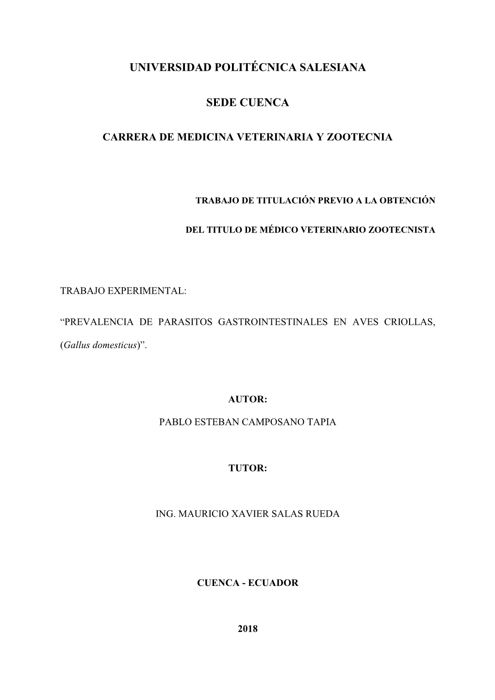 Prevalencia De Parásitos Gastrointestinales En Aves Criollas