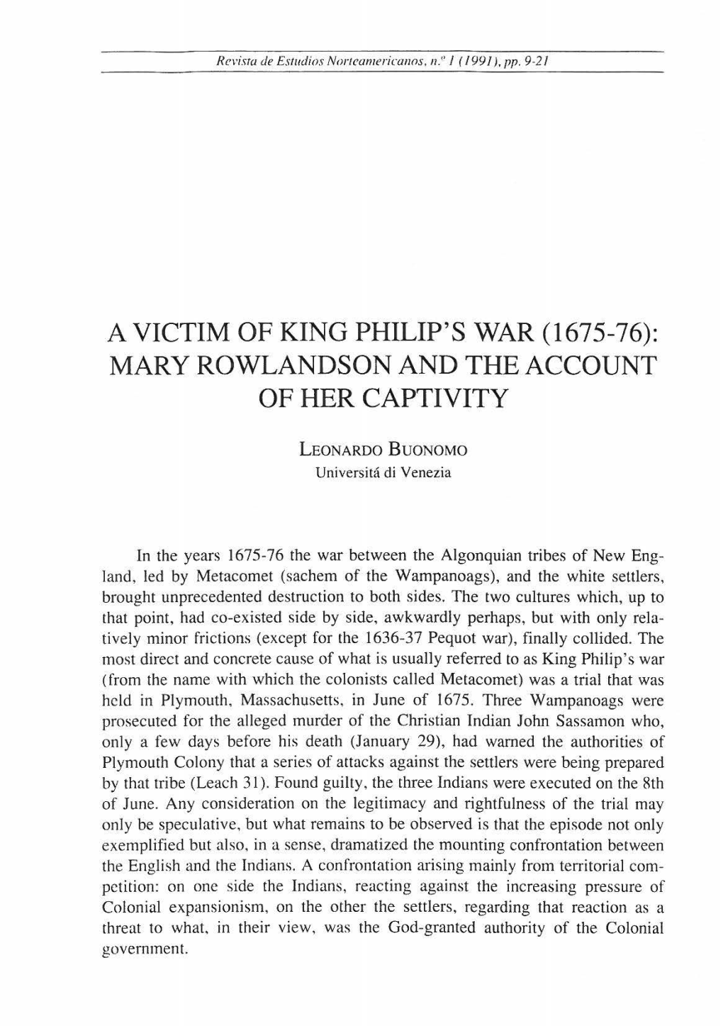 A Victim of King Philip's War (1675-76): Mary Rowlandson and the Account of Her Captivity