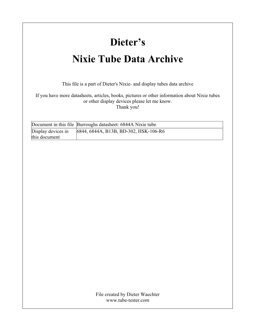 6844A Nixie Tube Display Devices in 6844, 6844A, B13B, BD-302, HSK-106-R6 This Document