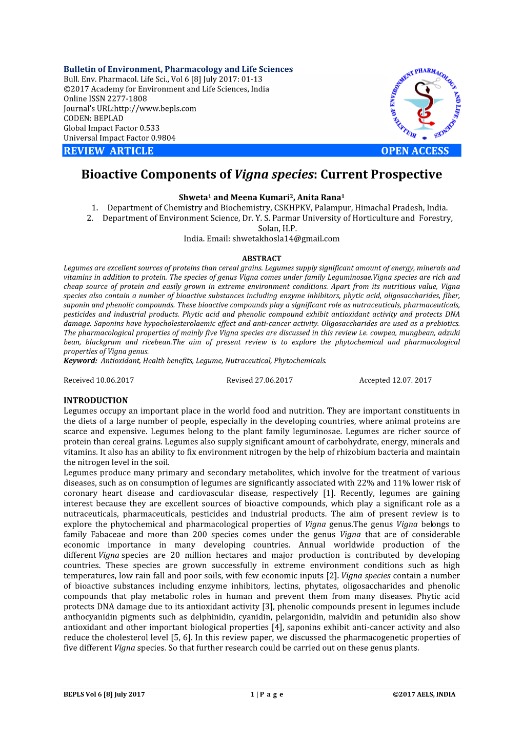 Bioactive Components of Vigna Species: Current Prospective