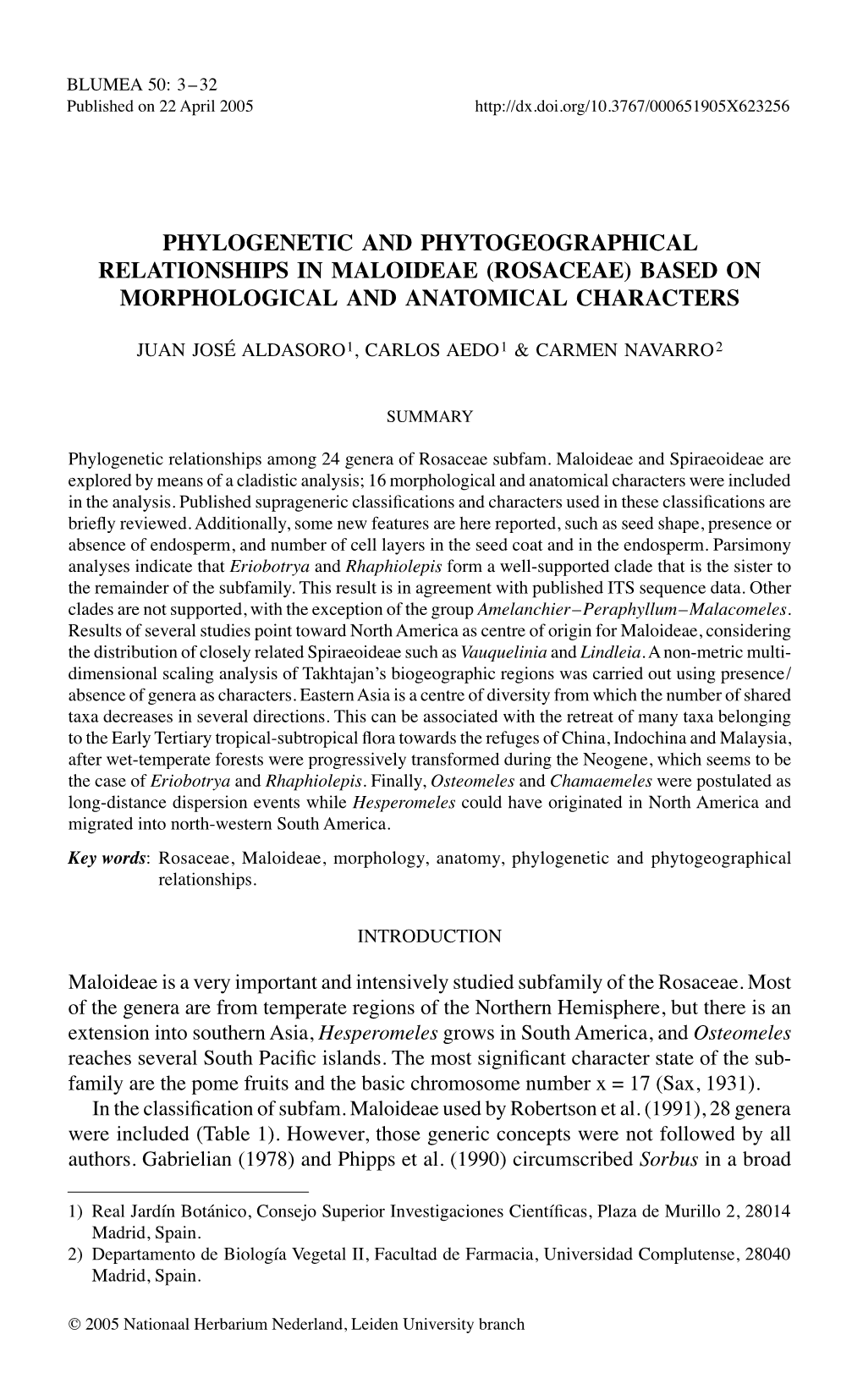 Phylogenetic and Phytogeographical Relationships in Maloideae (Rosaceae) Based on Morphological and Anatomical Characters