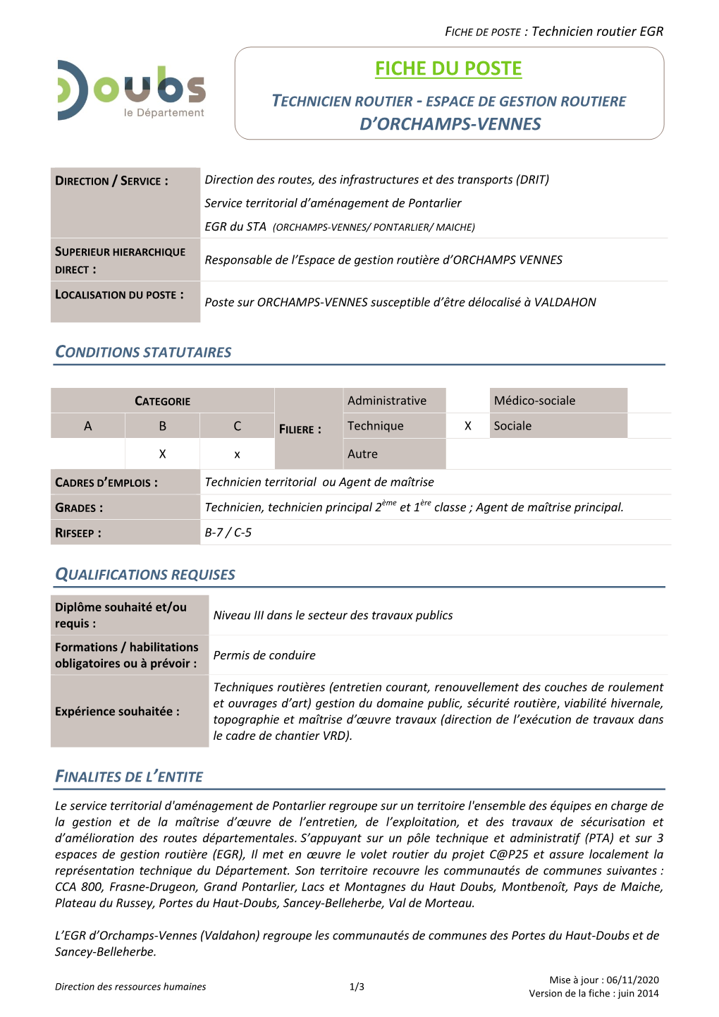 Fiche Du Poste Technicien Routier - Espace De Gestion Routiere D’Orchamps-Vennes