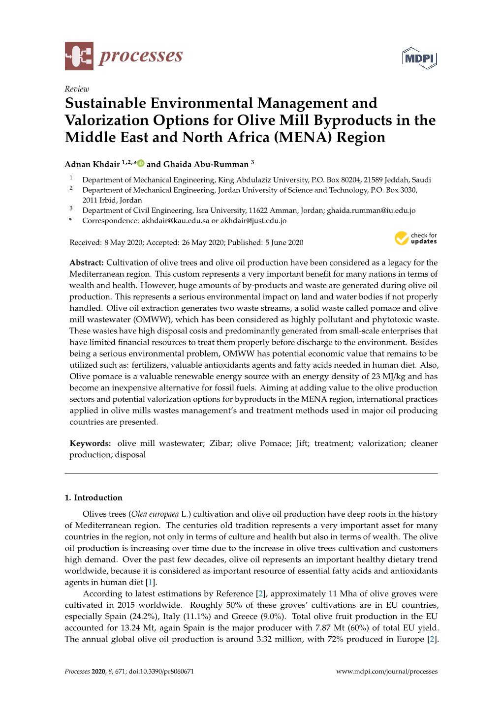Sustainable Environmental Management and Valorization Options for Olive Mill Byproducts in the Middle East and North Africa (MENA) Region