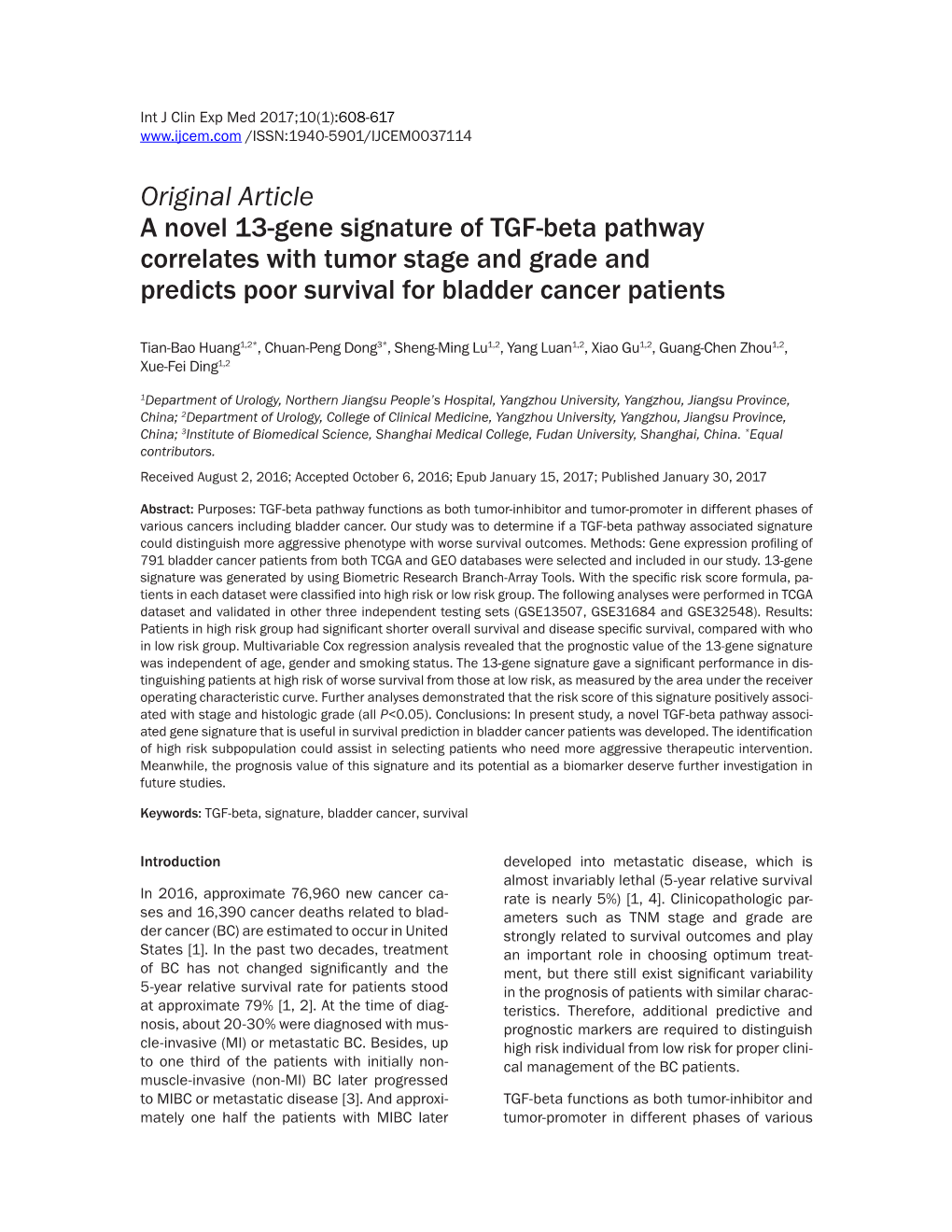 Original Article a Novel 13-Gene Signature of TGF-Beta Pathway Correlates with Tumor Stage and Grade and Predicts Poor Survival for Bladder Cancer Patients