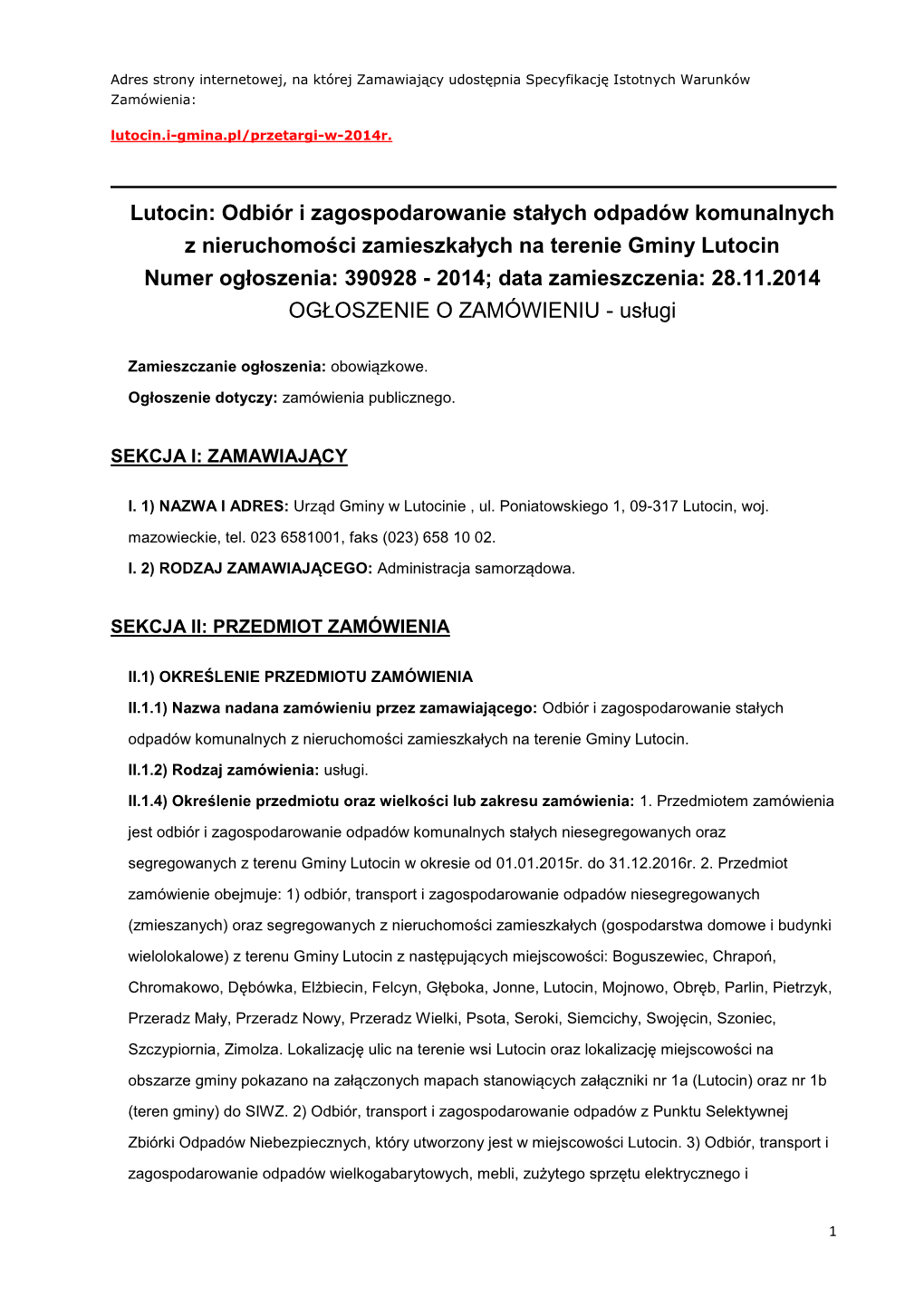 Lutocin: Odbiór I Zagospodarowanie Stałych Odpadów Komunalnych Z