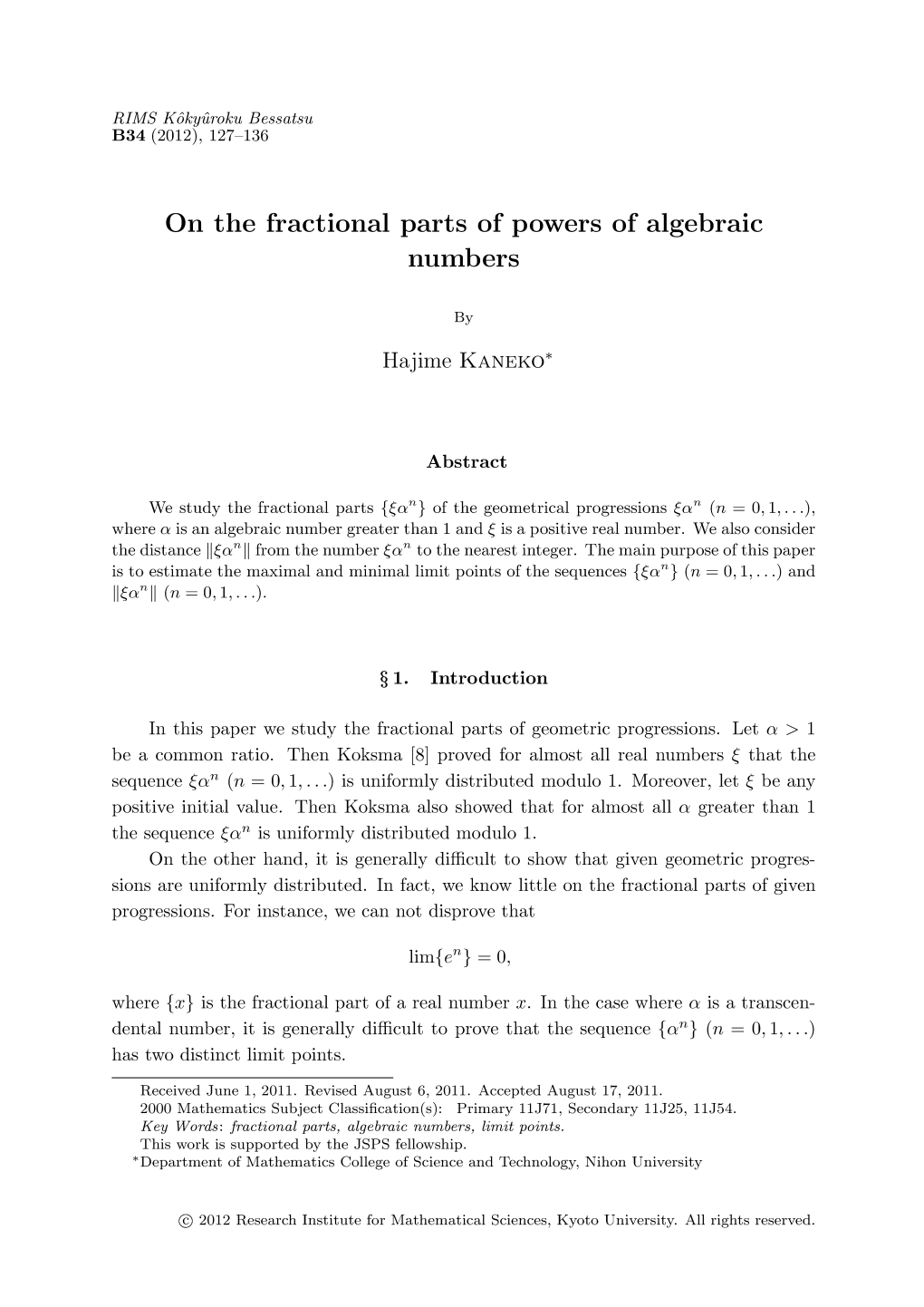 On the Fractional Parts of Powers of Algebraic Numbers