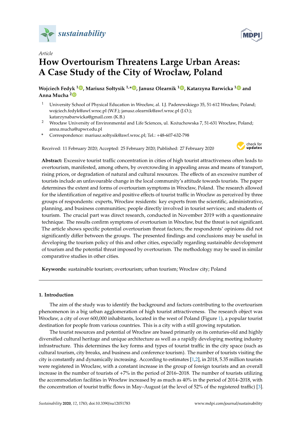 How Overtourism Threatens Large Urban Areas: a Case Study of the City of Wrocław, Poland