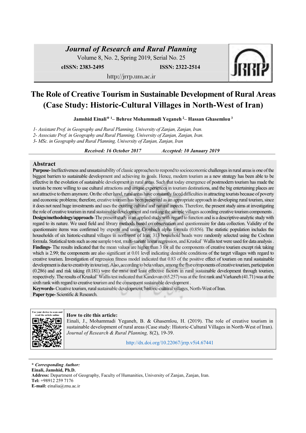 The Role of Creative Tourism in Sustainable Development of Rural Areas (Case Study: Historic-Cultural Villages in North-West of Iran)