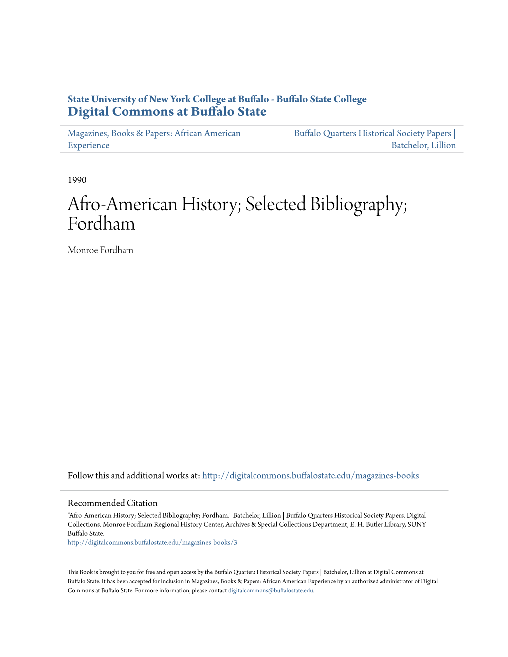 Afro-American History; Selected Bibliography; Fordham Monroe Fordham