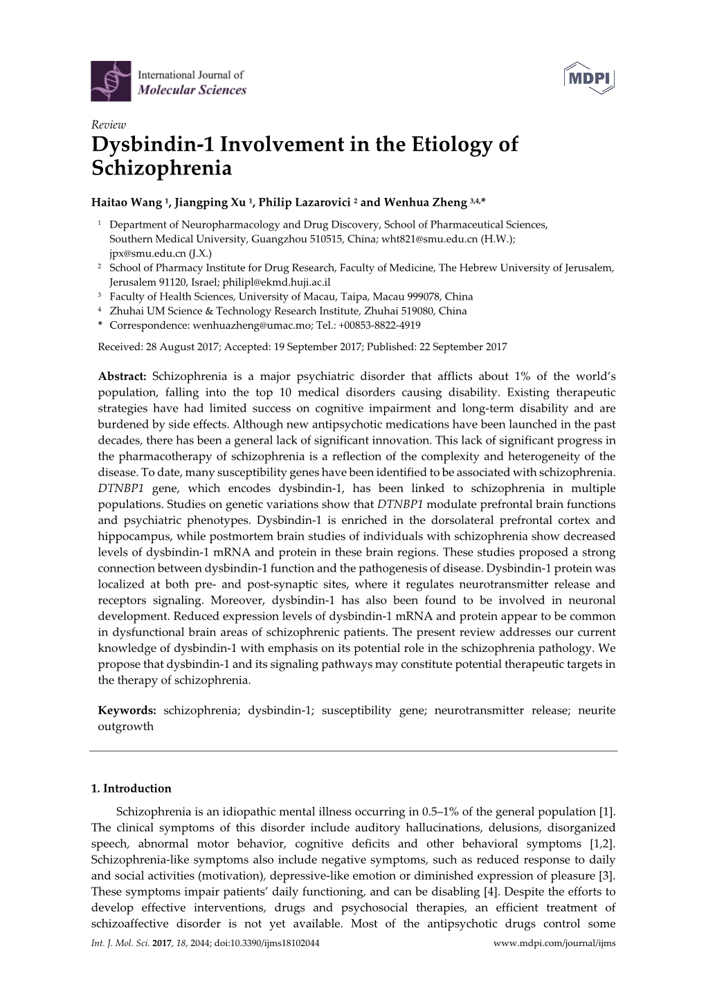 Dysbindin-1 Involvement in the Etiology of Schizophrenia