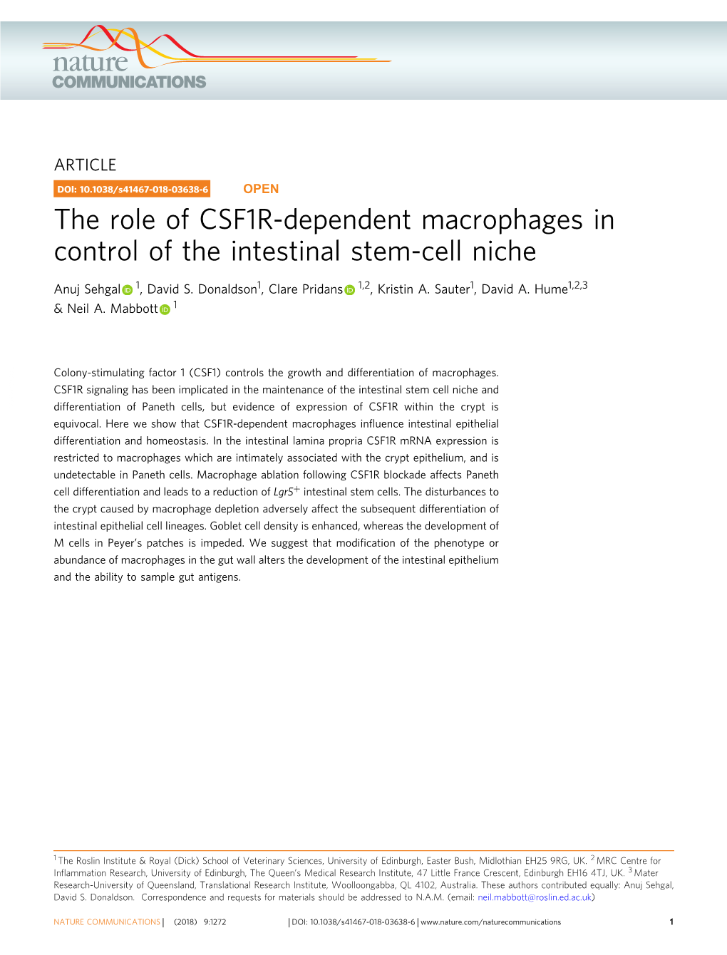 The Role of CSF1R-Dependent Macrophages in Control of the Intestinal Stem-Cell Niche