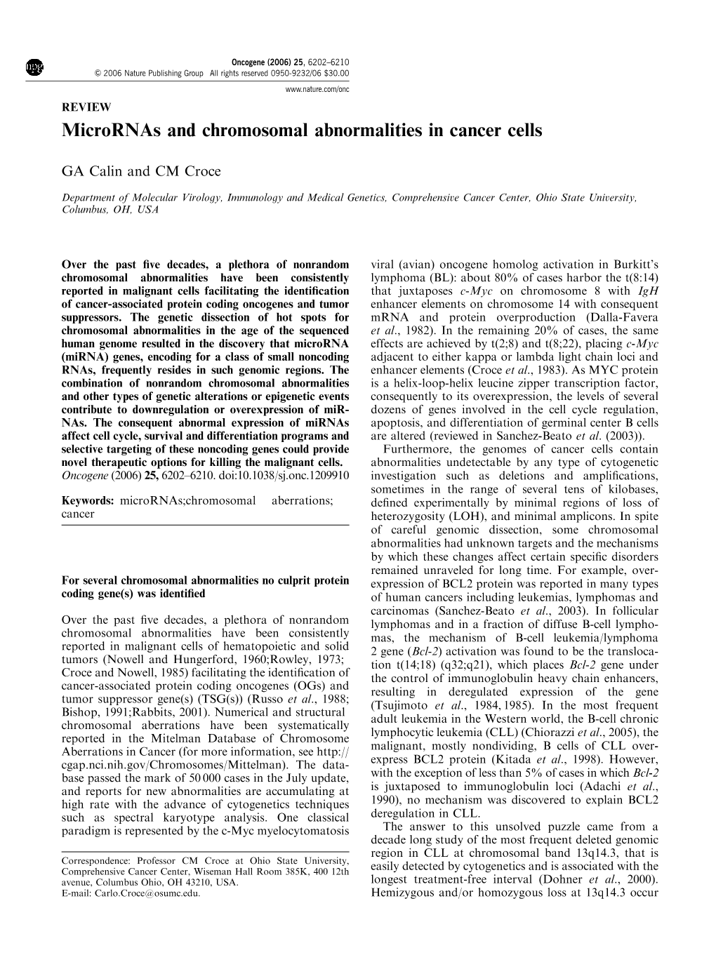 Micrornas and Chromosomal Abnormalities in Cancer Cells