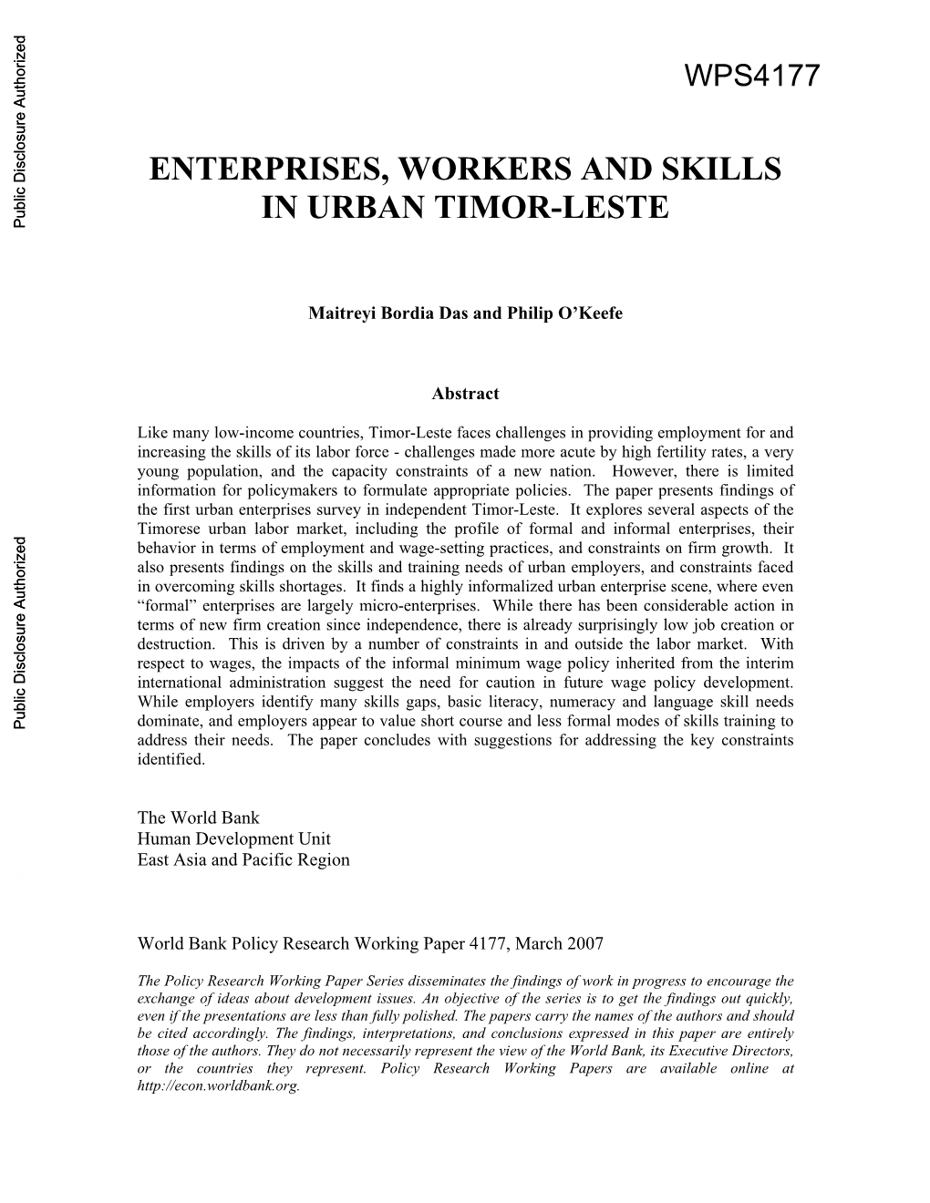 ENTERPRISES, WORKERS and SKILLS in URBAN TIMOR-LESTE Public Disclosure Authorized