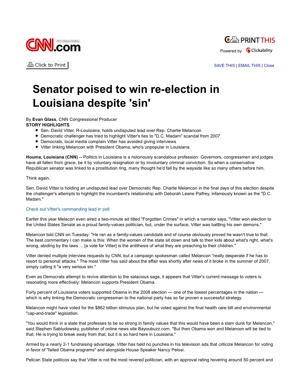 Senator Poised to Win Re-Election in Louisiana Despite 'Sin'