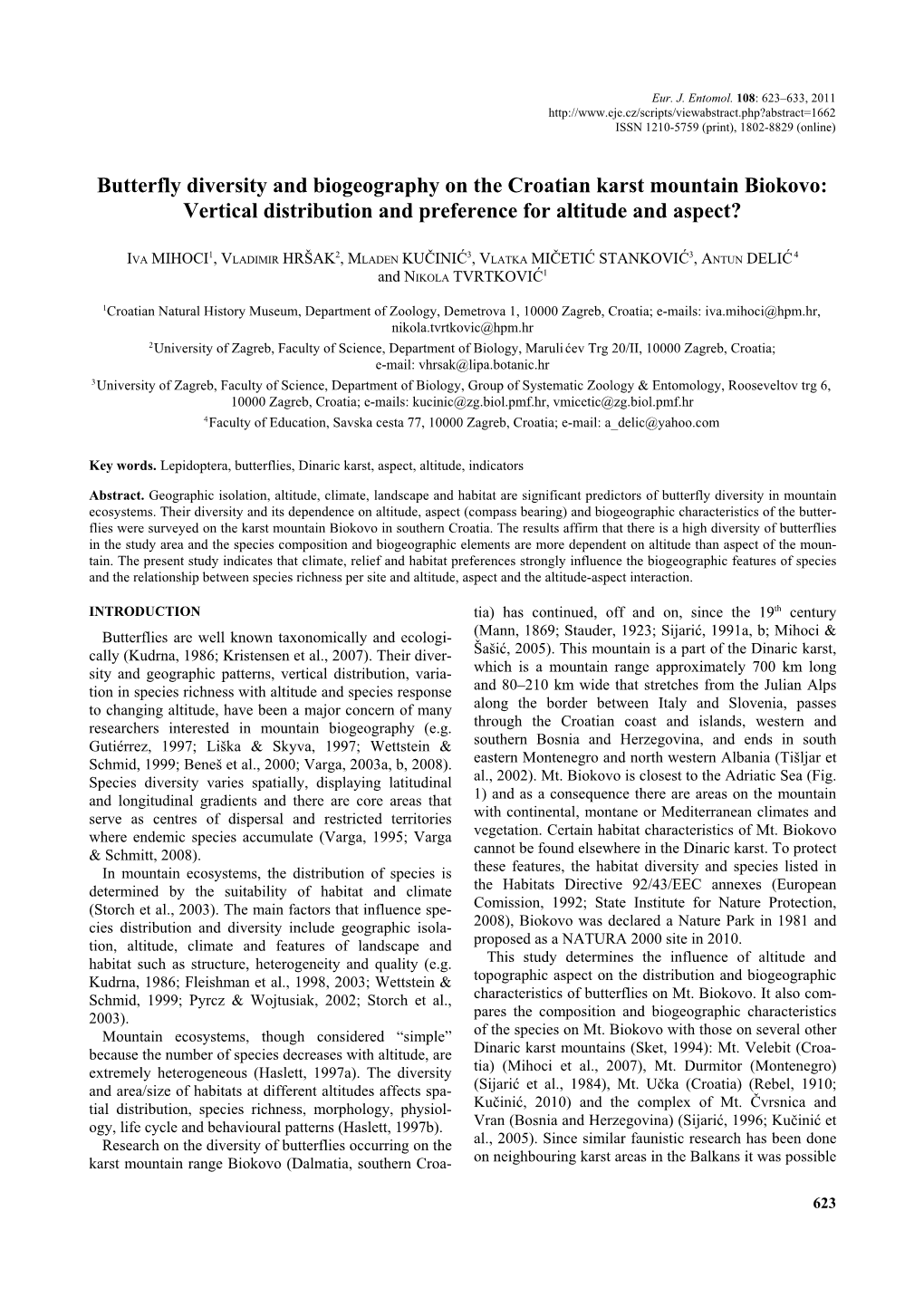 Butterfly Diversity and Biogeography on the Croatian Karst Mountain Biokovo: Vertical Distribution and Preference for Altitude and Aspect?