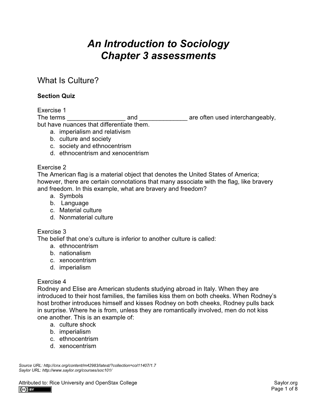 An Introduction to Sociology Chapter 3 Assessments