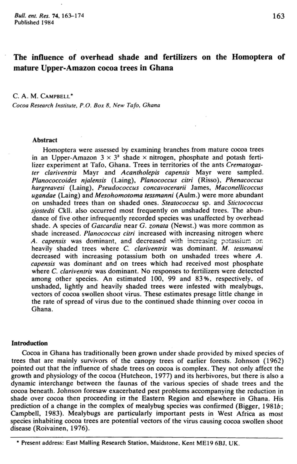 The Influence of Overhead Shade and Fertilizers on the Homoptera of Mature Upper-Amazon Cocoa Trees in Ghana