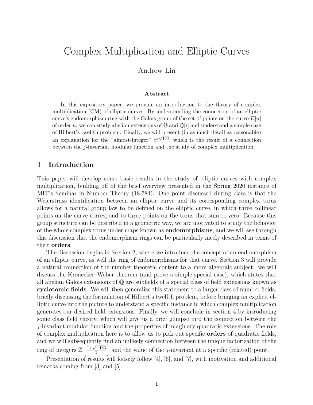 Complex Multiplication and Elliptic Curves