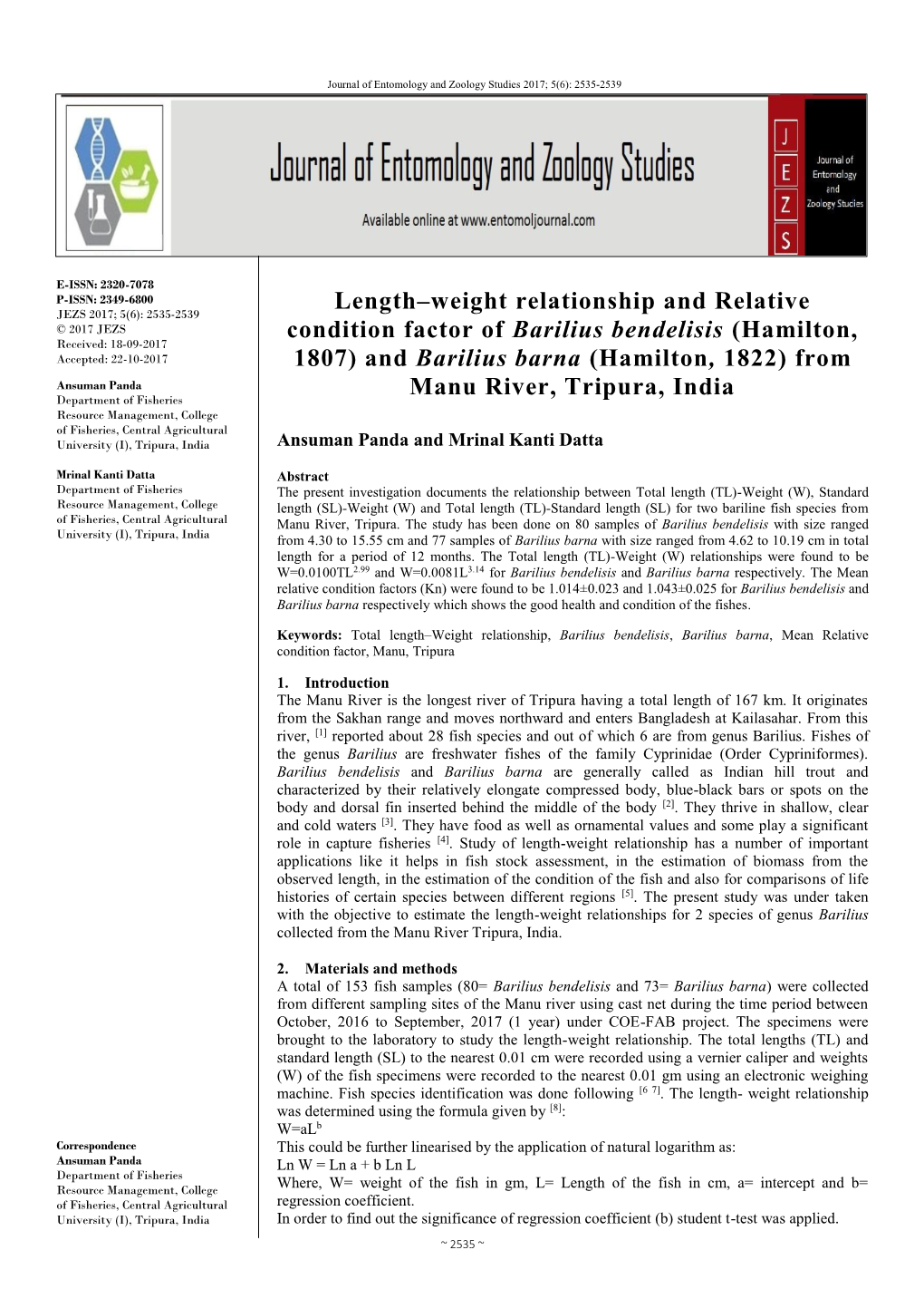 Length–Weight Relationship and Relative Condition Factor of Barilius