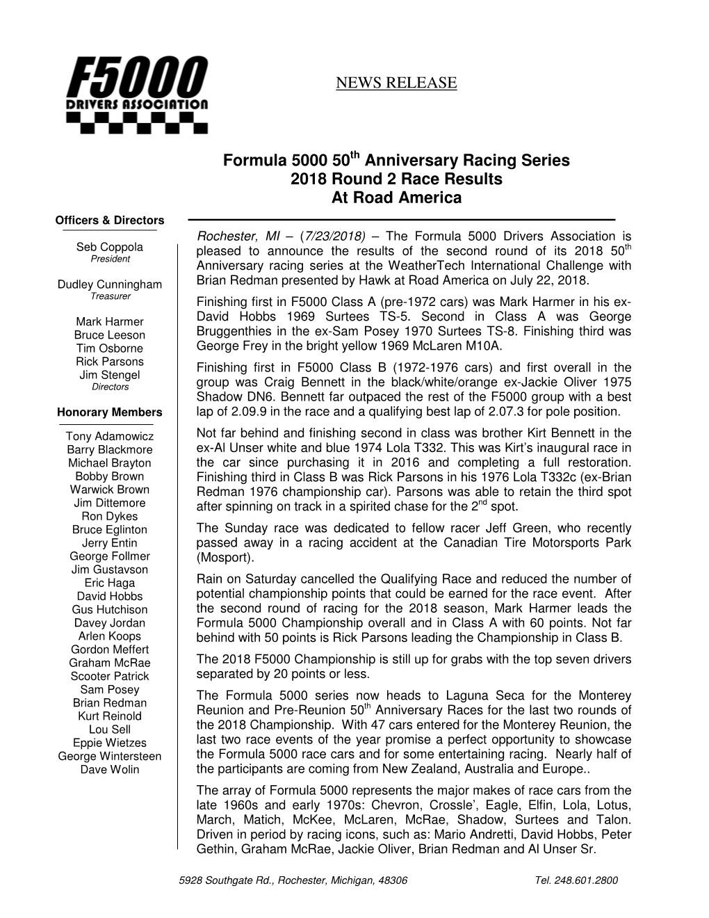 Anniversary Racing Series 2018 Round 2 Race Results at Road America