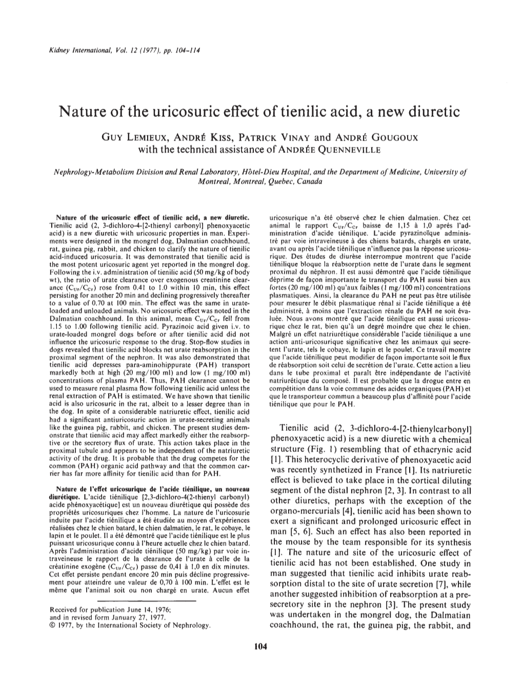 Nature of the Uricosuric Effect of Tienilic Acid, a New Diuretic