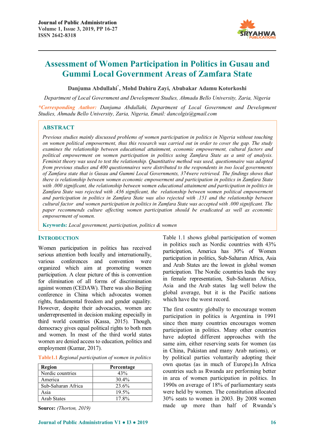 Assessment of Women Participation in Politics in Gusau and Gummi Local Government Areas of Zamfara State