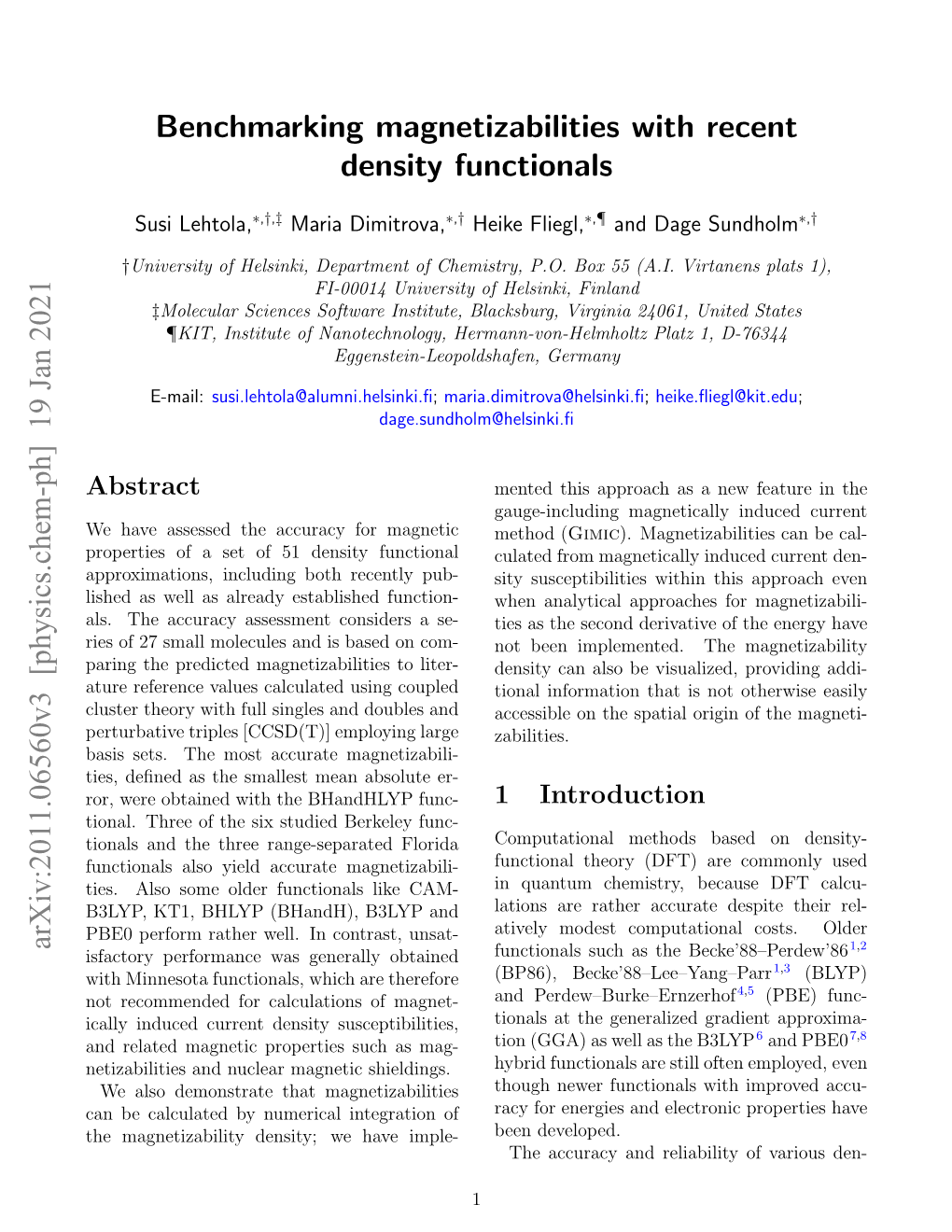 Benchmarking Magnetizabilities with Recent Density Functionals Arxiv