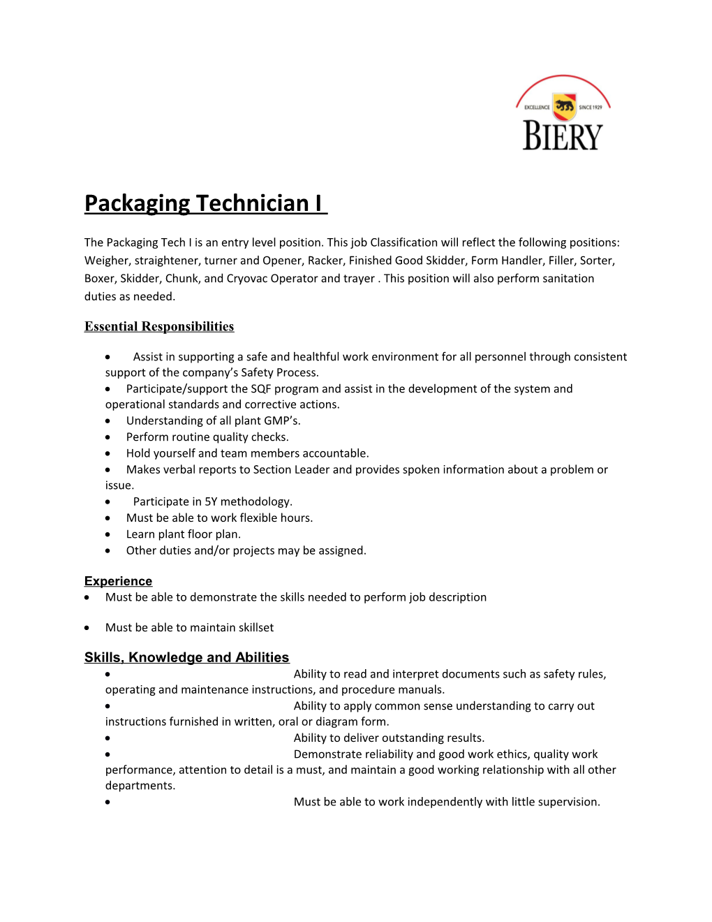 Packaging Technician I