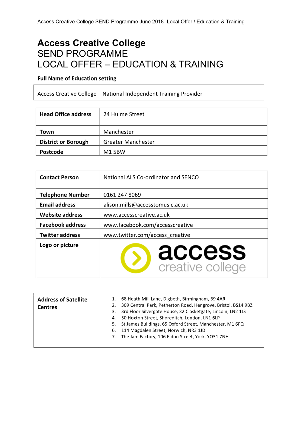 Access Creative College SEND PROGRAMME LOCAL OFFER – EDUCATION & TRAINING