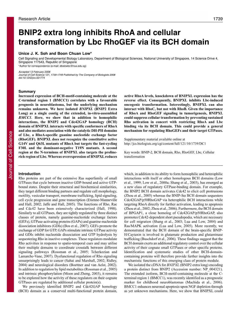 BNIP2 Extra Long Inhibits Rhoa and Cellular Transformation by Lbc Rhogef Via Its BCH Domain