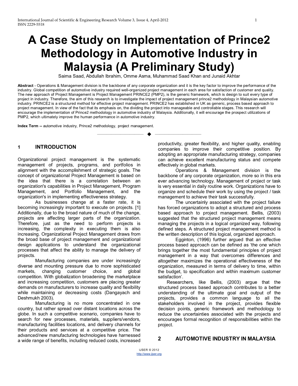 A Case Study on Implementation of Prince2 Methodology in Automotive