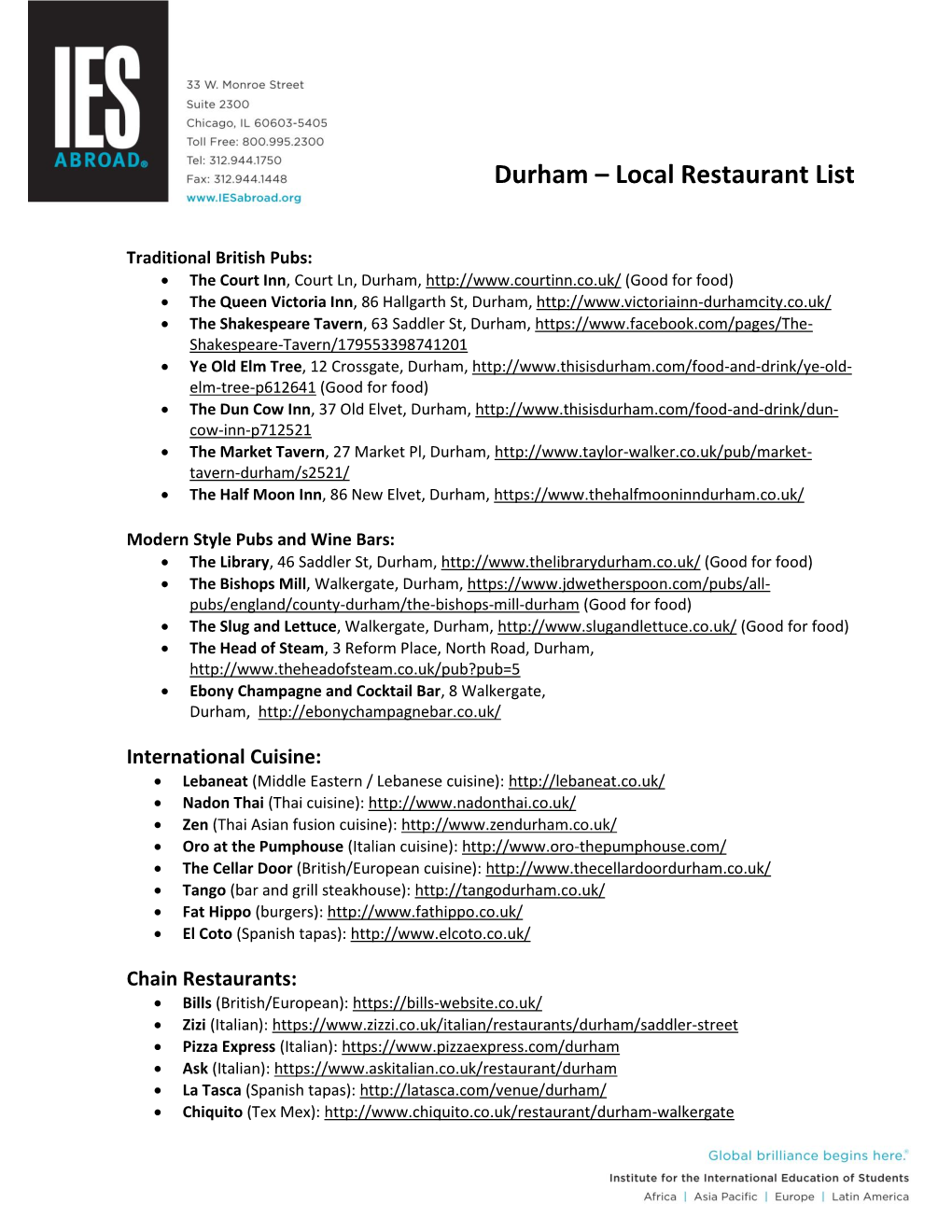 Durham – Local Restaurant List