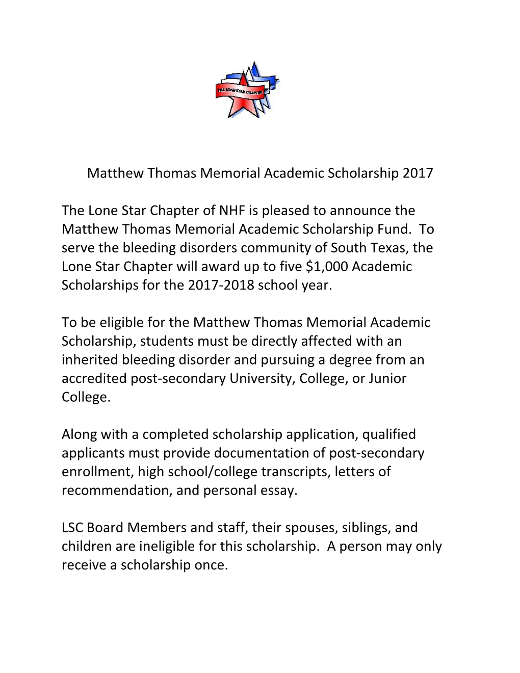 Matthew Thomas Memorial Academic Scholarship 2017